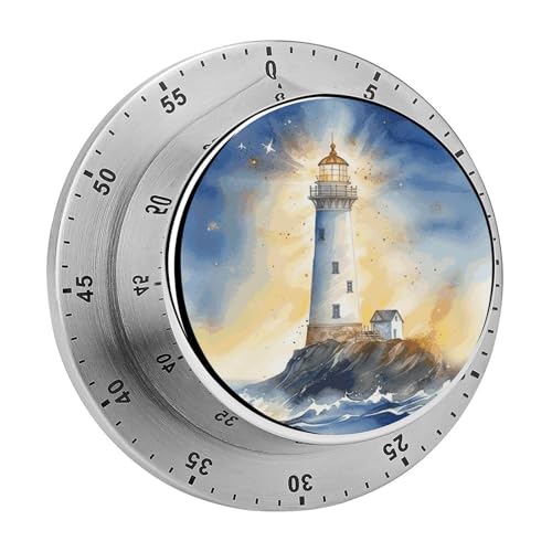 Watercolor Lighthouse Fantasy Light Mechanical Kitchen Timer for Cooking 60 Min with Magnetic Backing Loud Alarm,Stainless Steel Wind Up Countdown Timer Cute Egg Timers for Cooking Studying Gaming Cl