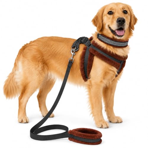 Image of Dog Fur Harness, Collar & Leash Combo Set, Adjustable Size | for 24-35 Kilogram Dogs (L, Black-Brown)