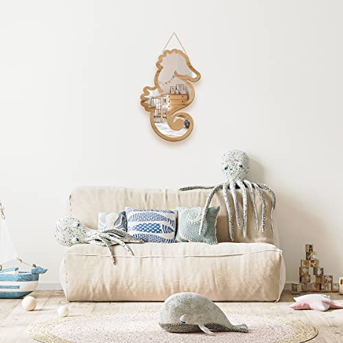 Cute Seahorse Patterned Silver Natural Wood Framed Acrylic To Hanging Wall Mirror Decorative Stickers Baby Kids Teen Room Nursery Bathroom Bedroom Livingroom Decoration #TOP7