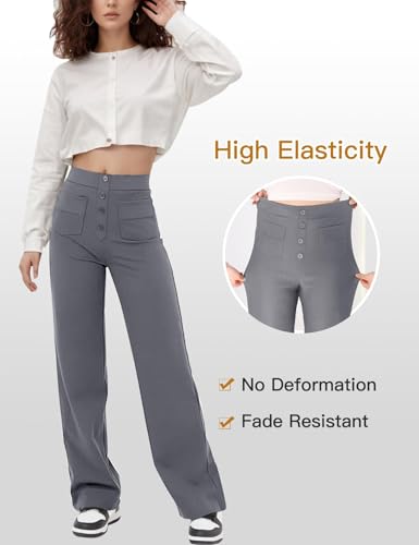 Flygo Womens High Waisted Multiple Pockets Straight Leg Flexipants Stretchy Work Trousers Button Down Casual Pants(Grey Medium New)3