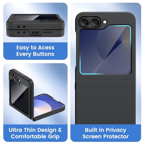 Image of Ruky for Z Flip 6 Case Built-in with Privacy Screen Protector, Black | Support Wireless Charging Full Body Cover Shockproof Hard PC Ultra-Thin Phone Case for Samsung Galaxy Z Flip 6, Black