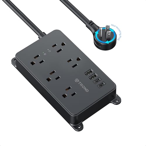 Image of TROND 360 Rotating Flat Plug Power Strip, 5ft Cord, Black