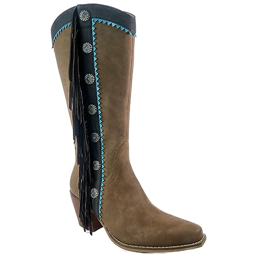 ARiIDER GIRL Gizelle Women's Mid Calf Fringe Booties Snip Toe Stacked Heel Buckle Studded Western Boots…