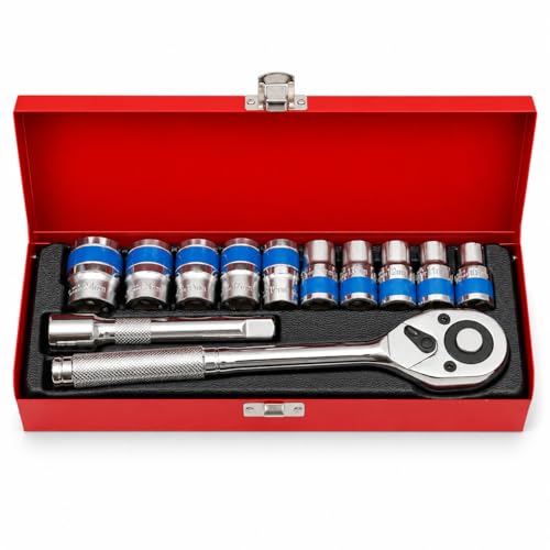KATSU 1/2 Inch Socket Set 12Cs 10-24mm in Steel Case Metric Drive with 24-Teeth Quick-Released Ratchet Wrench and 5 Extension Bar High Grade Chrome Vanadium Steel Auto Repairing Garage Tool