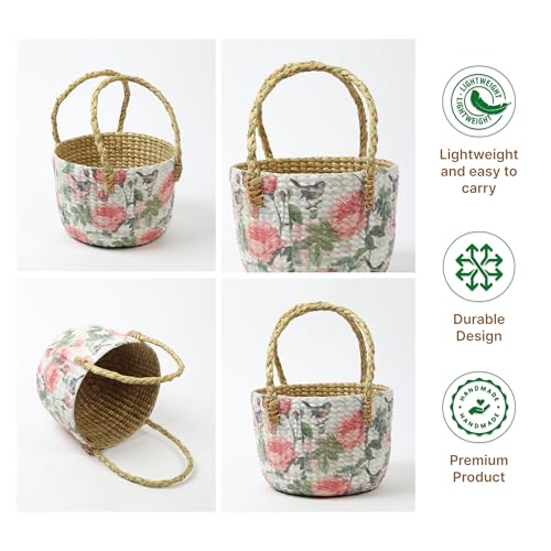 Image of Habere India-All the Cultures Fabricating India Gift Hamper Baskets | Cane Round Hamper | Fruit Baskets | Organiser Basket | Baby Basket for Clothes (Design21: L22 x W22 x H15 cm)