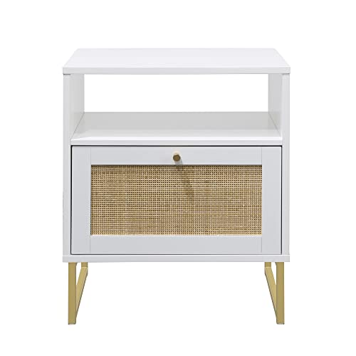 Nathan James Mina Side, End Or Accent Table With Natural Rattan Storage Door For Living Room Or Nightstand For Bedroom, White/Gold #TOP6