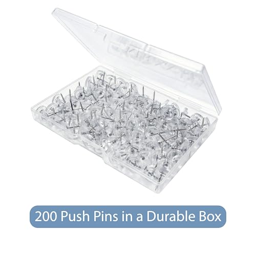 Ferdo Stylo Clear Push Pins, 200 Pack, Plastic Head, Steel Point, Clear Thumb Tacks, Flat Head Thumb Tacks, Plastic Push Pins for Cork Board, Wall Hanging, Bulletin Board, Maps image 7