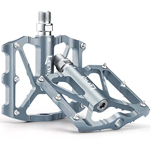 LERWAY Fahrradpedale Mountainbike Pedal 9/16 Zoll Fahrrad MTB Aluminium Ultraleicht Pedale rutschfest Breites Plattformpedal für Mountainbike, Trekking, Rennrad, E-Bike, MTB(Silber+Grau) Cover