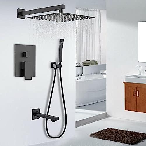 Système de douche noir mat 16 pouces avec bec baignoire robinet encastrable et mitigeur pluie