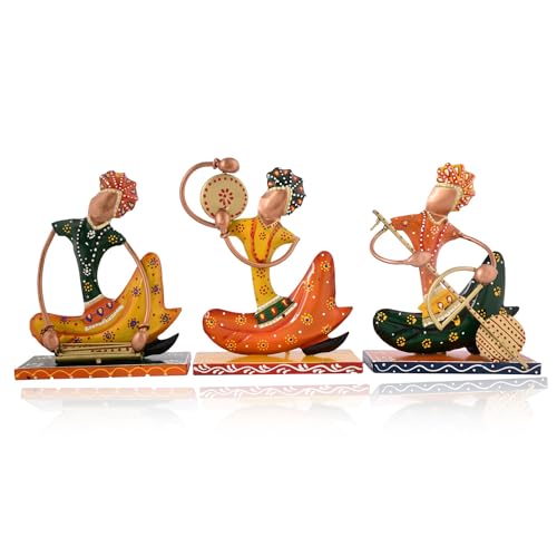 Image of **KUTUMBH Handcrafted Metal Nagpuri Musician Showpiece Set | Traditional Tribal Musician Figurines for Home Decor, Living Room, Office Table, Shelf & Gift | Multicolor | Set of 3**