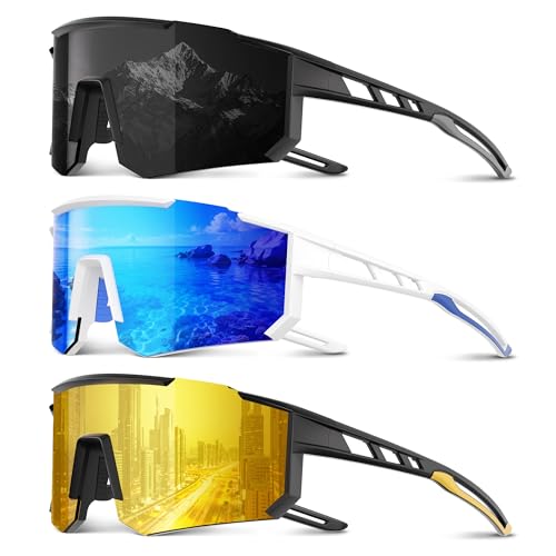 3 Pack Polarized Sports Sunglasses Men Women, Running Mens Sunglasses UV Protection for Baseball Cycling Fishing B04-ice Blue/Grey/Yellow