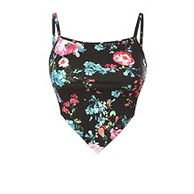 Design by Olivia Womens Stretchy Asymmetric Tie Knob Open Back Bandana/Flower Print Crop Top Shirt- Made in USA
