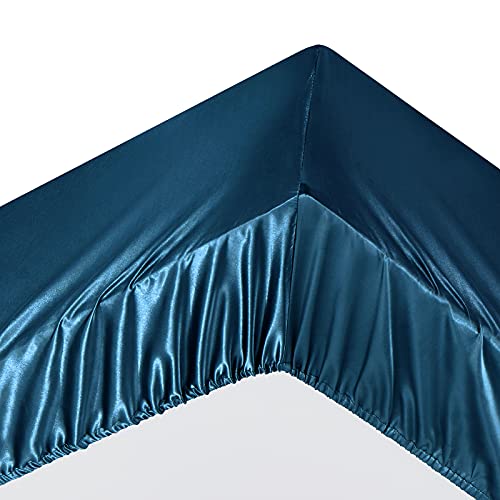 Image of Ersmak 7 Pieces Satin Sheets Set King Size, Luxury Silky Navy Blue Satin Bed Sheets Set with 1 Deep Pocket Fitted Sheet, 1 Soft Flat Sheet, 4 King Pillowcases and 1 Body Pillowcase