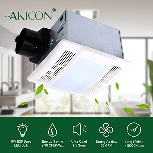 Image of Akicon Bathroom Fan with Light Ultra Quiet 90CFM 1.5Sone Ventilation Fan Exhaust Fan with LED Light（11W E26 Base LED Bulb Included）