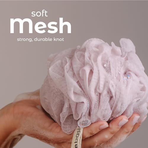 Image of MainBasics Shower Loofah Sponge Pouf, Set of 3, Perfectly Pink | Soft Mesh Body Scrubber and Bath Sponge for Gentle Exfoliation, Rich Lather, and Everyday Shower Use