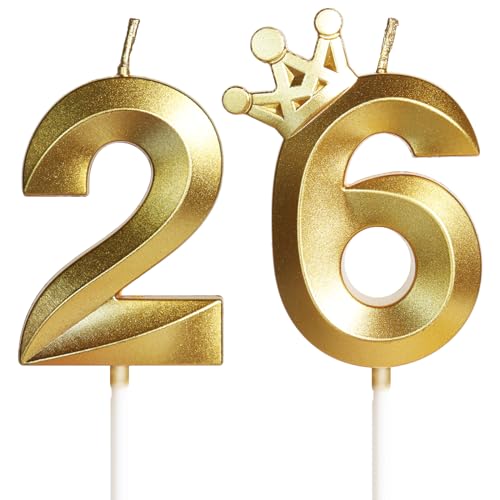 Candele di Compleanno,Candela Numero 26,Candele Incoronata con Numeri da 5cm,Candele in Oro,Candele di compleanno per torta,Candele per torte topper Ragazzo Ragazza per Feste Anniversario Decorazioni