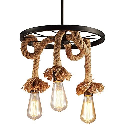 S-Cevada Luz colgante de 3 Luces de Estilo Pastoral Vintage Industrial, E27 Lámpara Colgante de Techo de Rueda Metal con Cuerda de Cáñamo, Lámpara de Araña per Villas (30CM) Cover