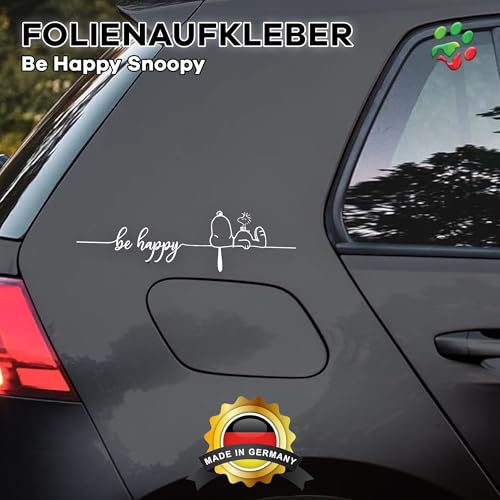 tradercat Auto Aufkleber Snoopy Be Happy - 2-teilig - 40cmx10cm - Sticker für alle Oberflächen - Fenster, Seitenspiegel, Heckscheibe, Motorhaube, Fahrzeug – mit Anleitung, Weiß