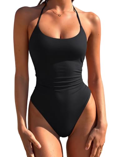 Image of LASLULU Women's One Piece Swimsuits Sexy Halter High Cut Slimming Bathing Suit Tummy Control Swimsuit
