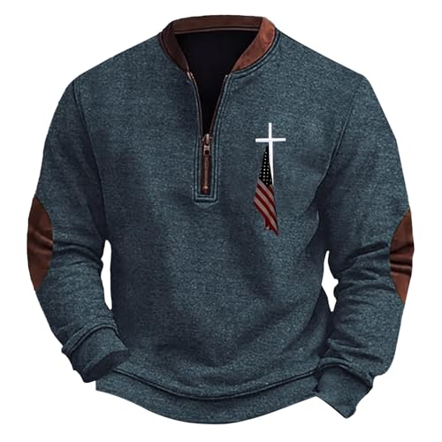 American Flag Sweatshirt for Men Quarter Zip Christian Jesus Cross American Flag Print Sweater with Elbow Patches