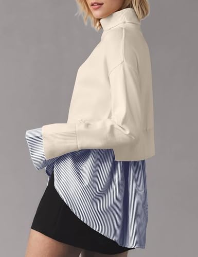 Image of Turtleneck Asymmetrical Sweaters for Women Patchwork 2 in 1 Pullover Knit Sweater Slit Button Down Shirt 2026 Fall