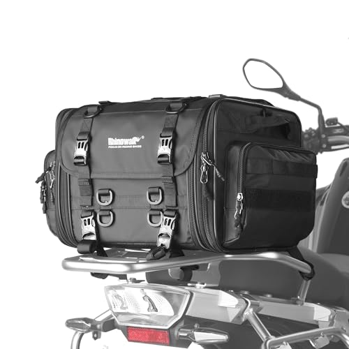 Rhinowalk Torba na bagażnik motocyklowy, z możliwością rozszerzenia, wodoszczelna torba podsiodłowa, wytrzymała torba na kask motocyklowy z ochroną przed deszczem i pasami, bagaż turystyczny na