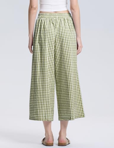 Image of LOMON Womens Wide Leg Capri Pants Gingham Plaid Culottes Summer Elastic Waist Palazzo Trousers Bottoms with Pockets