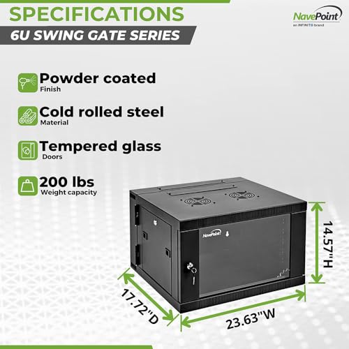 Image of NavePoint 6U Cabinet with Hinged Back - 17.7 inch Deep, Server Rack Enclosure with Locking Glass Door, Wall Mount Rack with Removable Side Panels, Network Cabinet with 2 Fans, Pre-Assembled