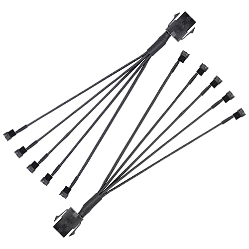 SinLoon 6-poliger PCIE-auf-3/4-poliger Lüfter, 2 Stück 6-poliger PCIE-Stecker auf 5 x 3-poliger 4-poliger PC-Gehäuselüfter-Konvertierungskabel für PC-Gehäuselüfter, 10 Zoll (1 to 5)