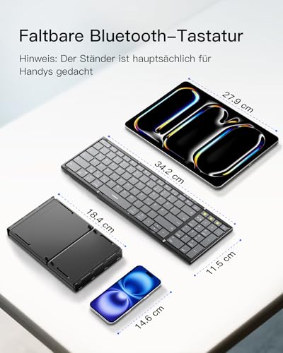 Inateck Faltbare Tastatur Kabellos,Klappbare Tastatur mit Ziffernblock mit 3 Kanälen,AI-Key,mit Ständer und Tasche,für iPad iPhone Mac Android Windows,Nomad N0135 2