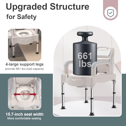 Regulowane krzesło toaletowe dla seniorów - Bedside Commode z 18,5-calowym ultra-szerokim siedziskiem do użytku domowego