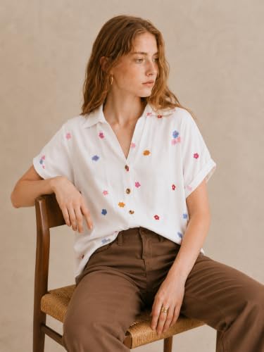 Image of Women's Floral Embroidered Shirt | Elegant Short Sleeve Shirts for Casual & Office Wear | Stylish Summer Button-Down Shirt for Girls & Women