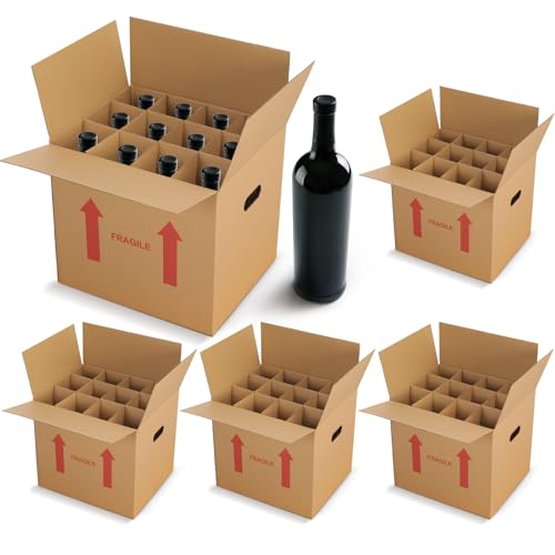 Image of Tatuo 5 Pack Wine Box for Moving, 12 Bottle, with Divider, 16 x 12 x 12 in | Liquor Shipping Packing Box Bulk, Corrugated Cardboard, Reinforced Bottom, Break Resistant, Heavy Duty, Cellar Storage