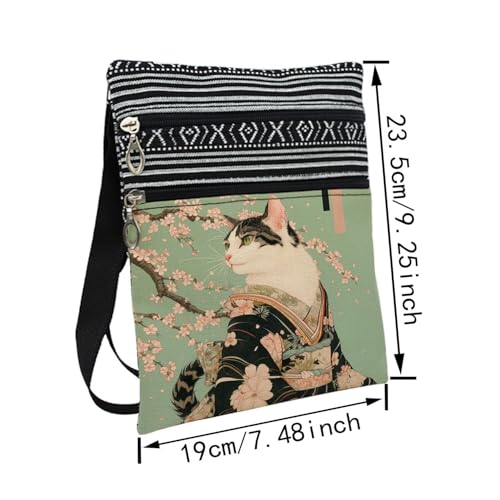 Kimono Cat Messenger Bag Small Ethnic Pattern Printed Adjustable Strap Crossbody Zipper Bag Kimono Cat Phone Bag Wallet Cute Shoulder Handbag for Women - 22
