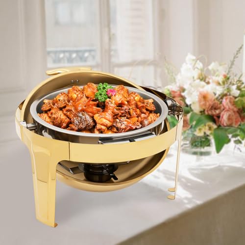 Shikiy 6.34QT Chafing Dish Food Warmer Pan, Stainless Steel Round Chafer with Perspective Cover for Catering, Buffet Servers Food Warmer Buffet for Hotel, Parties, (Gold)