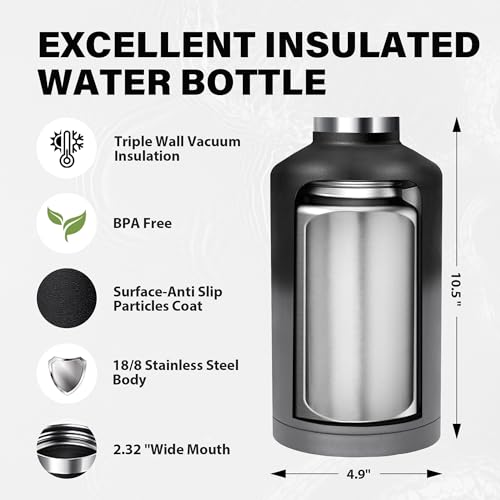 Image of Insulated Water Bottle 64 oz, Triple Wall Vacuum Stainless Steel Water Bottles (Cold for 48 Hrs), Leak Proof & Non-BPA, Half Gallon Water Flask Jug Wide Mouth Straw Lid & Spout Lid