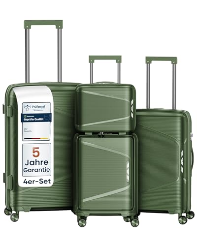 4FLY Leichter Hartschalen-Reisekoffer Set 4-teilig, Koffer Set mit TSA-Schloss, Doppelreißverschluss, Doppelrollen & Aluminium-Teleskopgriff, Reisegepäck Set - Beauty Case, Handgepäck & Aufgabegepäck