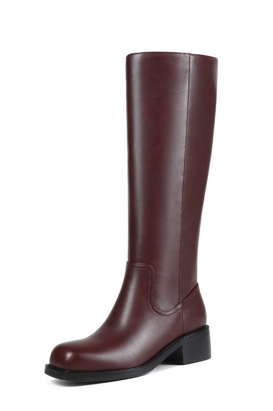ZJA Knee High Boots Square Toe Boots Low Heel Flat Long Boots for Women Dress Chunky Comfortable Tall