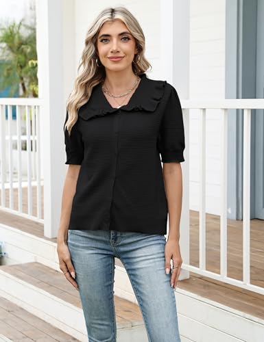 Watashi Womens Short Sleeve Cardigan Casual Button Down Ruffle Collared Lightweight Knittwear Summer Sweater Top2