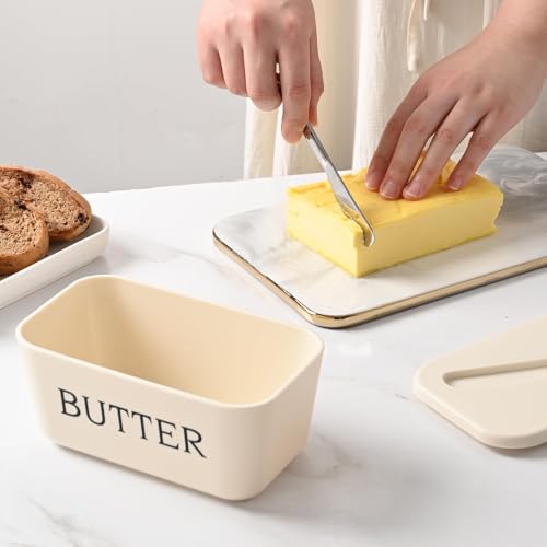 Image of Kyraton Large Plastic Butter Dish with Lid and Knife, Food Grade PP Butter Holder Keeper with Cover for Kitchen Refrigerator Butter Container (White)