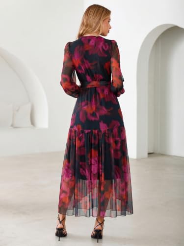 Simplee Women's Floral Long Sleeve Mesh Maxi Dress Fall V Neck Wrap High Low Swing Flowy Wedding Guest Dress Purple Black S — view 4