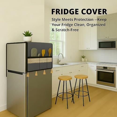 Image of Refrigerator Single Door Waterproof, Dustproof, Tassel Lace Refrigerator Top Cover, Protective Cover for Fridges with Extra Storage Space Nylon Top cover with 6 Storage Pockets ( Grey, 130 x 54 cm )