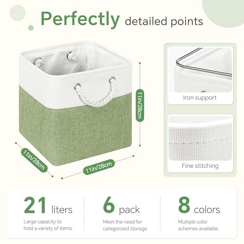 Image of FinishingBo Fabric Cubes Storage Basket, 6 Pack 11x11 in with Handles Foldable Cube Storage Bins, for Shelves, Home, Office, Nursery Organizers (White / Green)