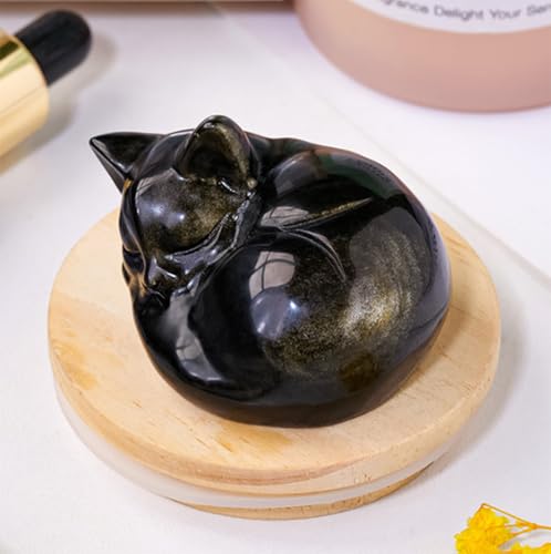 Statue chat en obsidienne dorée sculptée main pour déco chic - 5