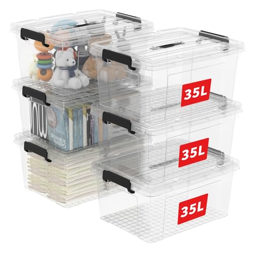 Cetomo 35L*6 Storage Boxes Carry Plastic Storage Box with Lids Clear Organizing Container with Handle and Secure Latches Nestable & Stackable Tote Box for Home Office 35L-6 Pack Transparent