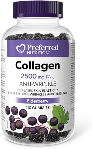 Preferred Nutrition Collagen 2500 mg per Serving, 110 Gummies, Elderberry Flavour, Anti-Wrinkle, Increases Skin Elasticity & Helps Reduce Eye Wrinkles in 4 Weeks, Proudly Canadian