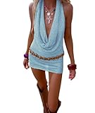 UAURORAO Sequin Backless Dress for Women Knit Cowl Neck Halter Mini Dress Glitter Low Back Sparkle Party Dresses(Draped Blue,Small)