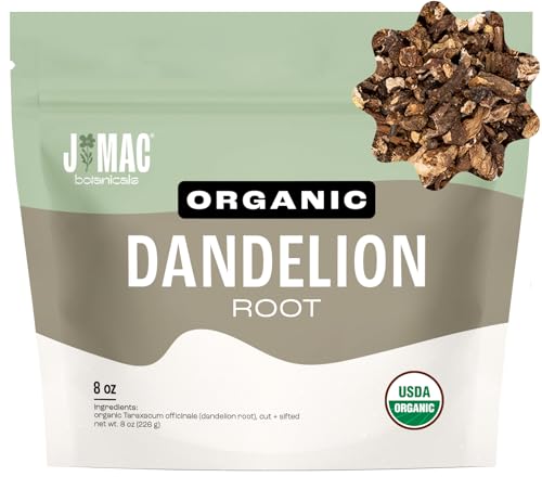 J Mac Botanicals Organic Dandelion Root (8 oz) unroasted, herb for tea and other infusions, Packaged in the USA, Certified USDA Organic