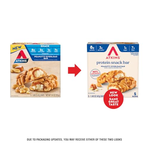 Image of Atkins Peanutty Overload Snack Bar, Protein Snack, High in Fiber, 2g Sugar, 5 Count