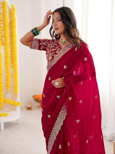 Image of SIRIL Women's Tissue Silk Sequence Embroidery Saree With Unstitched Blouse Piece